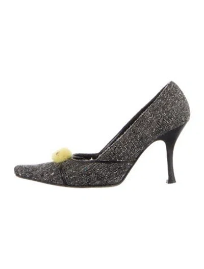 Pre-owned Cynthia Rowley Tweed Pattern Pom-pom Embellishments Pumps In Blue