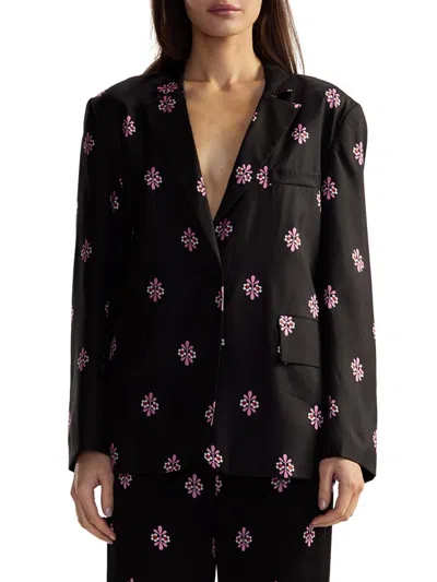 Cynthia Rowley Women's Floral Silk Twill Notch-lapel Blazer In Black