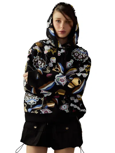 Cynthia Rowley Gilded Garden Cotton Hoodie In Black Multi