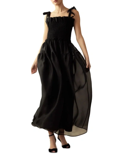 Cynthia Rowley Women's Smocked Tie-shoulder Organza Maxi Dress In Black