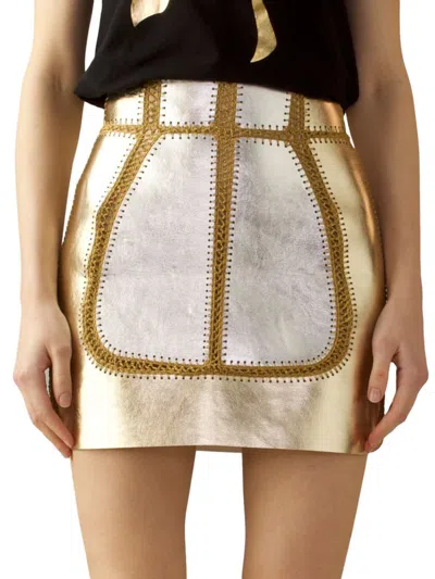 Cynthia Rowley Women's Vegan Metallic Leather Patchwork Miniskirt In Gold Silver