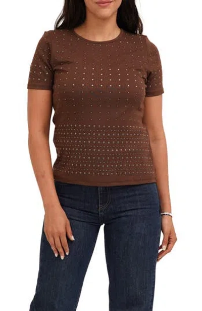 Cyrus Allover Studded Short Sleeve Top In Brown