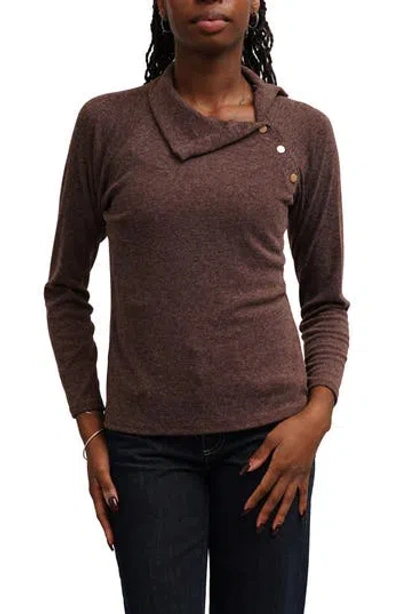 Cyrus Asymmetric Neck Button Trim Top In Brown