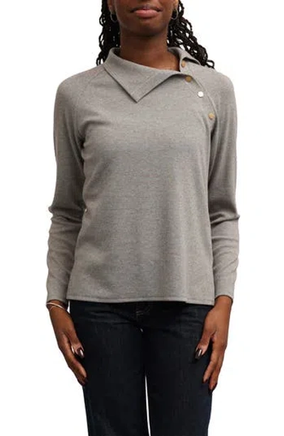 Cyrus Asymmetric Neck Button Trim Top In Gray