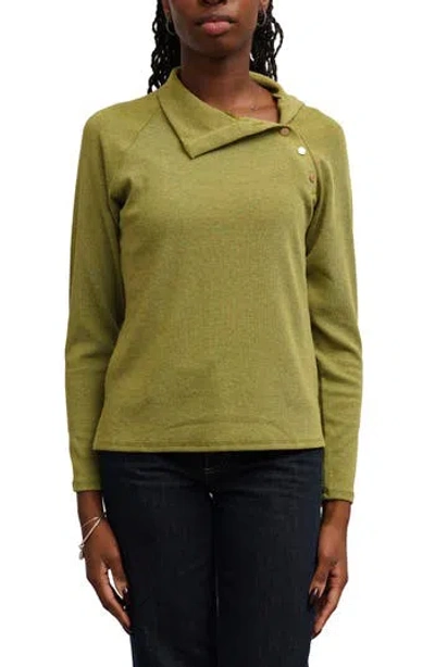 Cyrus Asymmetric Neck Button Trim Top In Green