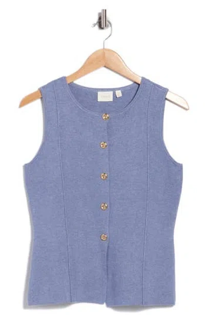 Cyrus Button Front Sleeveless Vest In Washed Denim