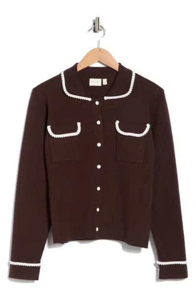 Cyrus Contrast Trim Button Front Cardigan In Brown