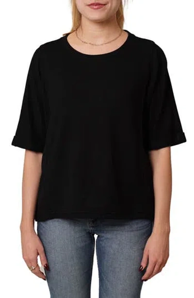 Cyrus Crewneck Elbow Sleeve Waffle Knit Top In Black