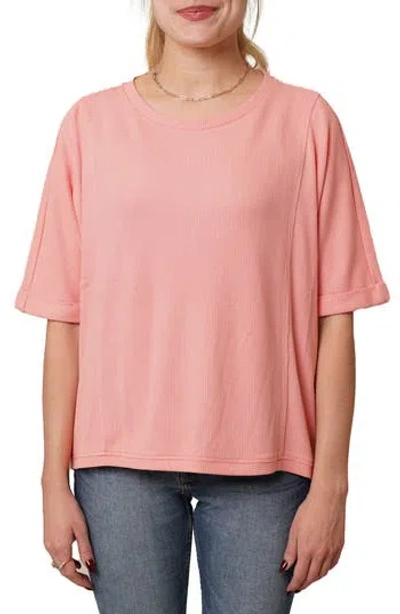 Cyrus Crewneck Elbow Sleeve Waffle Knit Top In Pink