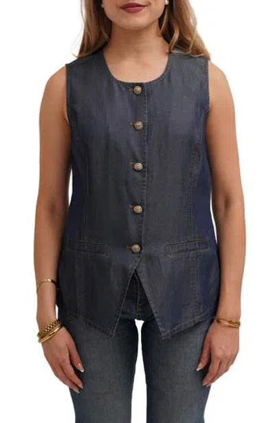 Cyrus Denim Lyocell Button Front Vest In Blue