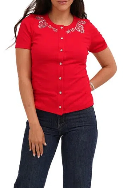 Cyrus Embellished Collar Short Sleeve Cardigan In Red