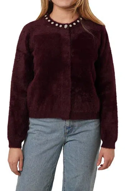 Cyrus Embellished Fuzzy Cardigan In Burgundy
