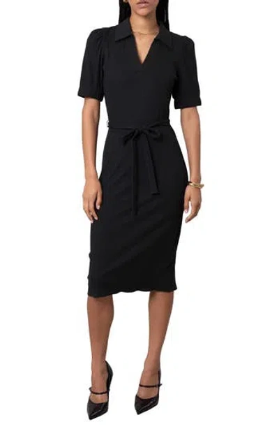 Cyrus Johnny Collar Short Sleeve Ribbed Dress In Black