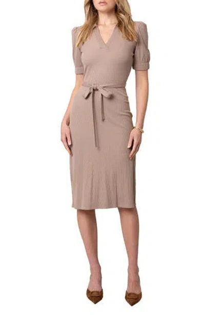 Cyrus Johnny Collar Short Sleeve Ribbed Dress In Brown