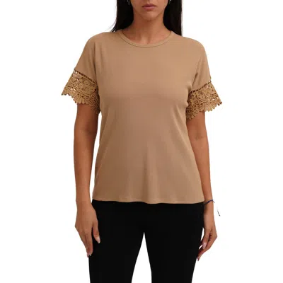 Cyrus Lace Trim Short Sleeve Ribbed Top In Neutral