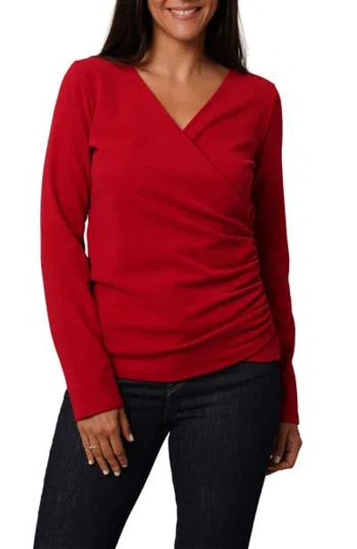 Cyrus Long Sleeve Faux Wrap Top In Red