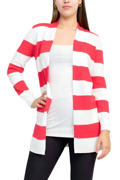 Cyrus Open Front Long Sleeve Stripe Pattern Knit Cardigan In Pitaya White In Red