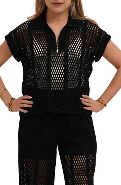 Cyrus Open Stitch Knit Quarter Zip Top In Black