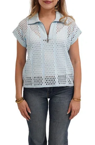 Cyrus Open Stitch Knit Quarter Zip Top In Blue