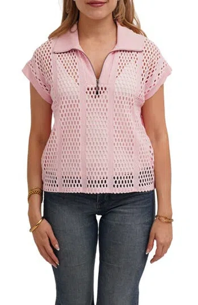 Cyrus Open Stitch Knit Quarter Zip Top In Pink
