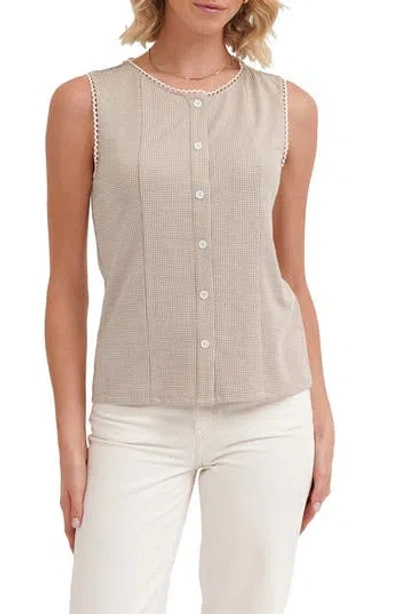 Cyrus Picot Trim Sleeveless Houndstooth Top In Brown