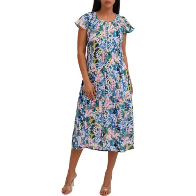 Cyrus Printed Pleated Fluttery Sleeve Midi Dress In Multi