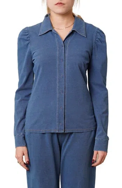 Cyrus Puff Long Sleeve Button-up Top In Blue