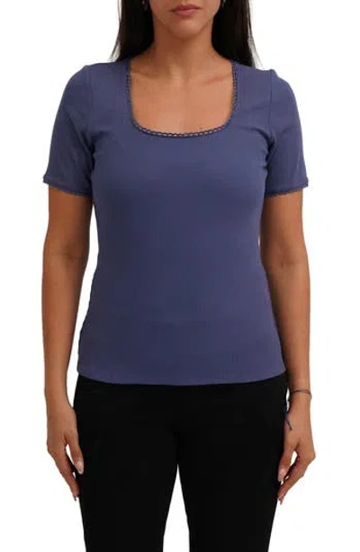Cyrus Scallop Trim Short Sleeve Ribbed Top In Purple