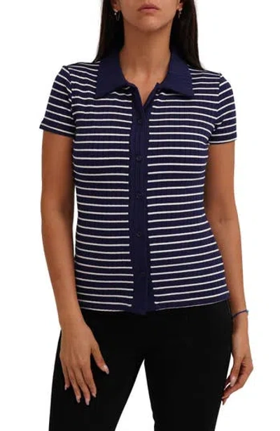 Cyrus Stripe Rib Button-up Knit Top In Blue