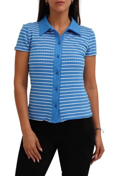 Cyrus Stripe Rib Button-up Knit Top In Blue