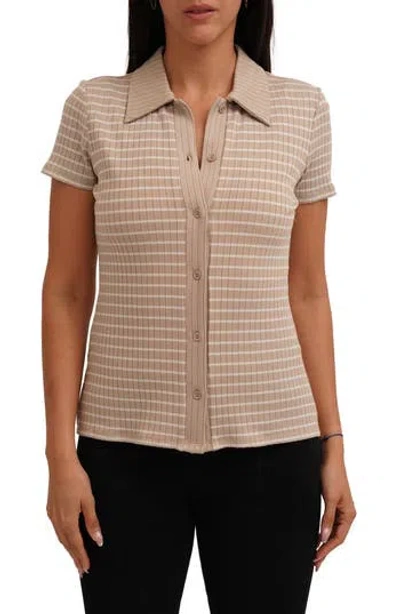 Cyrus Stripe Rib Button-up Knit Top In Neutral