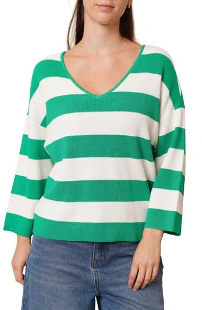 Cyrus Stripe V-neck Waffle Knit Sweater In Green