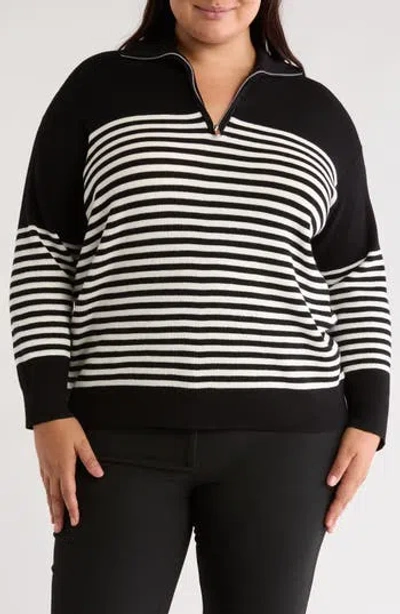 Cyrus Stripe Waffle Knit Quarter Zip Sweater In Black/cream