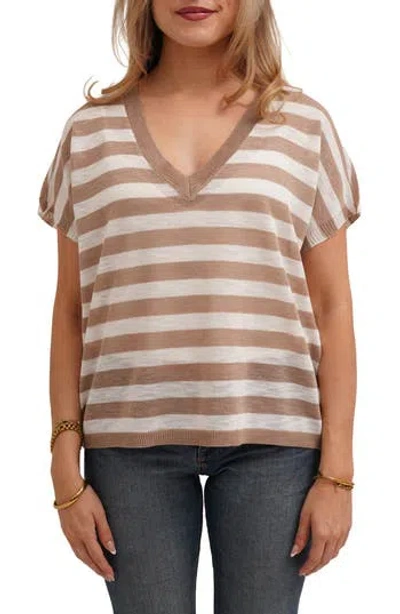 Cyrus Striped V Neck Cap Sleeve Sweater In Gray