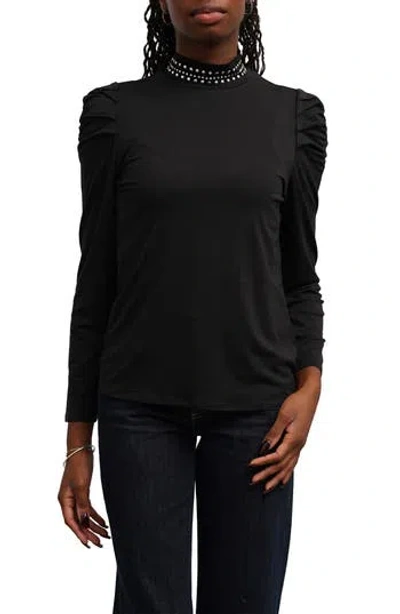 Cyrus Studded Mock Neck Puff Sleeve Top In Black