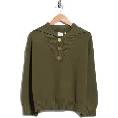 Cyrus Wide Collar Button Pullover Sweater In Dark Olive