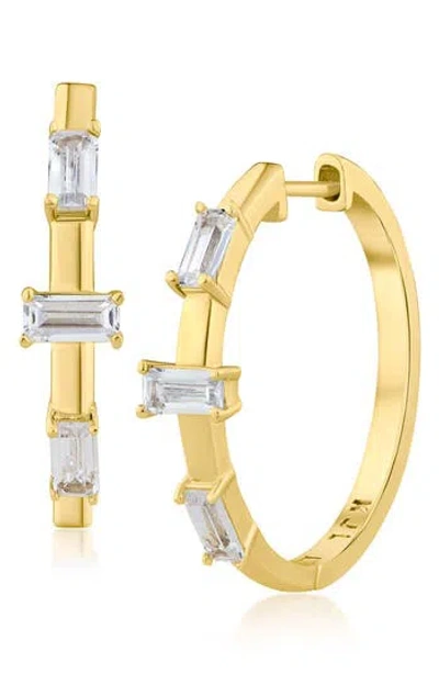 Cz By Kenneth Jay Lane Baguette Cubic Zirconia 3-stone Hoop Earrings In Gold