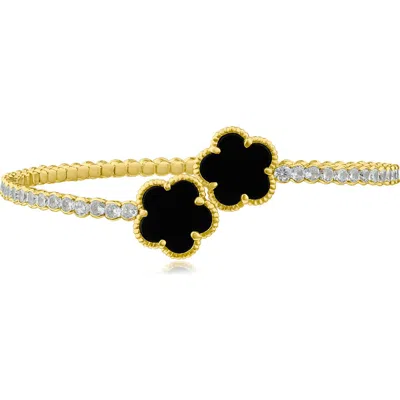 Cz By Kenneth Jay Lane Bezel Set Clover Cuff Bracelet In Black/gold