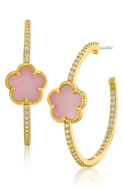 Cz By Kenneth Jay Lane Clover & Cz Pavé Hoop Earrings In Pink/ Gold