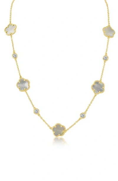 Cz By Kenneth Jay Lane Clover Station Necklace In Mother Of Pearl/ Gold