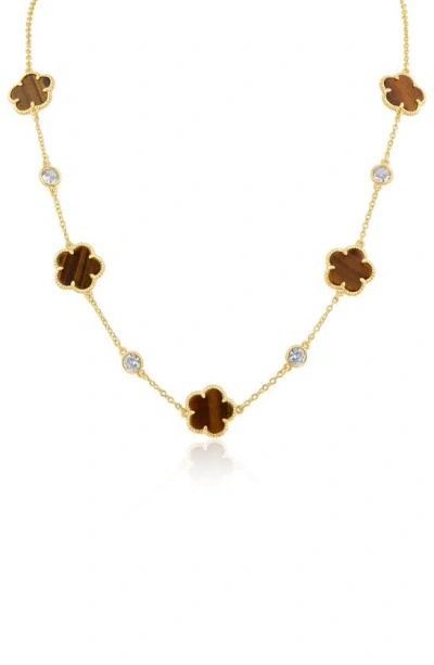 Cz By Kenneth Jay Lane Clover Stone & Cz Station Chain Necklace In Tiger Eye / Gold