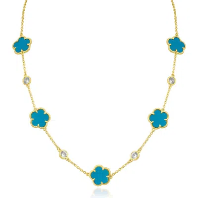 Cz By Kenneth Jay Lane Cubic Zirconia & Clover Station Necklace In Turquoise/gold
