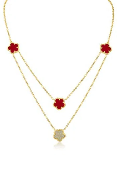 Cz By Kenneth Jay Lane Cubic Zirconia & Faux Coral Double Layered Clover Station Necklace In Gold