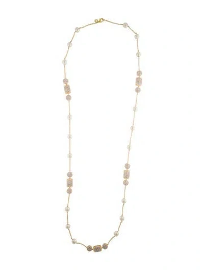 Pre-owned Cz By Kenneth Jay Lane Cubic Zirconia & Faux Pearl Station Necklace, 45.5" In Multi
