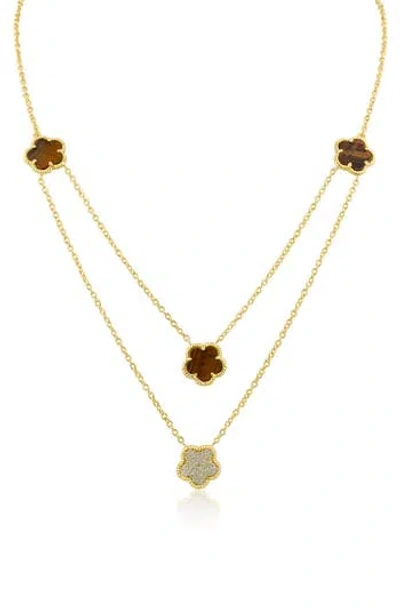 Cz By Kenneth Jay Lane Cubic Zirconia & Faux Tiger's Eye Double Layered Clover Station Necklace In Gold