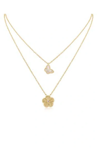 Cz By Kenneth Jay Lane Cubic Zirconia & Mother-of-pearl Butterfly Clover Pendant Layered Necklace