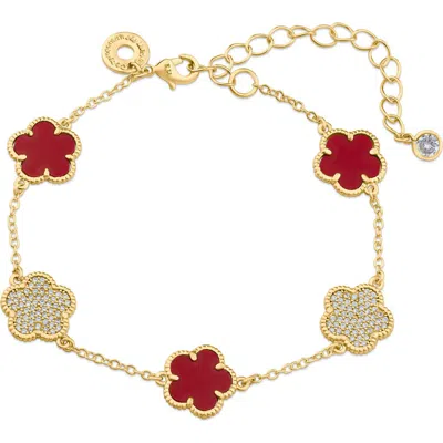 Cz By Kenneth Jay Lane Cubic Zirconia & Red Stone Clover Line Bracelet In Red/gold