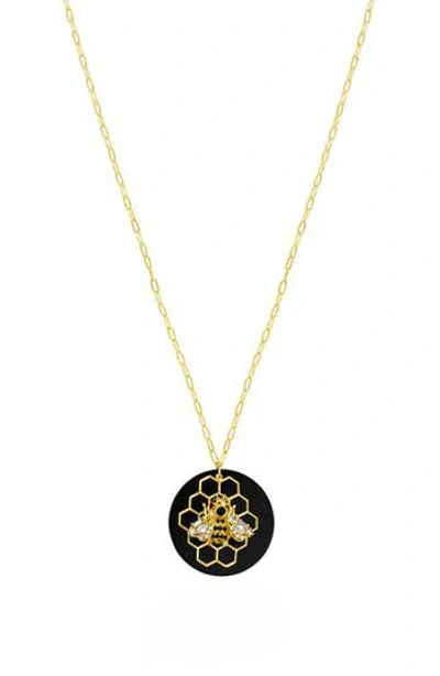 Cz By Kenneth Jay Lane Cubic Zirconia Bee & Honeycomb Pendant Necklace In Gold