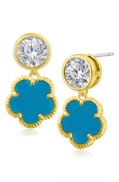 Cz By Kenneth Jay Lane Cubic Zirconia Clover Drop Earrings In Turquoise/gold