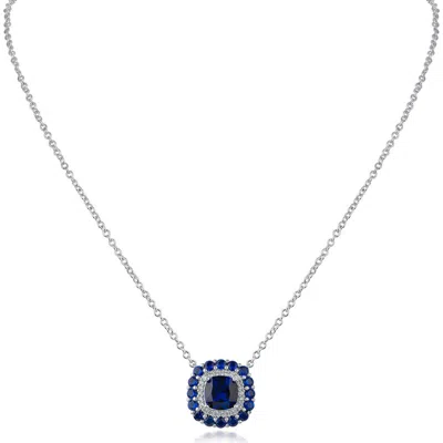 Cz By Kenneth Jay Lane Cubic Zirconia Double Halo Cushion Pendant Necklace In Blue